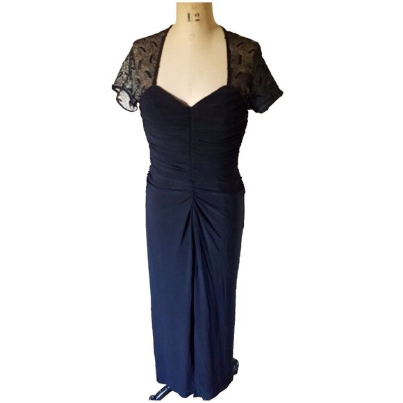 Joseph Ribkoff formal maxi gown cocktail dress, rouched, lace fitted, black M - Picture 5 of 12